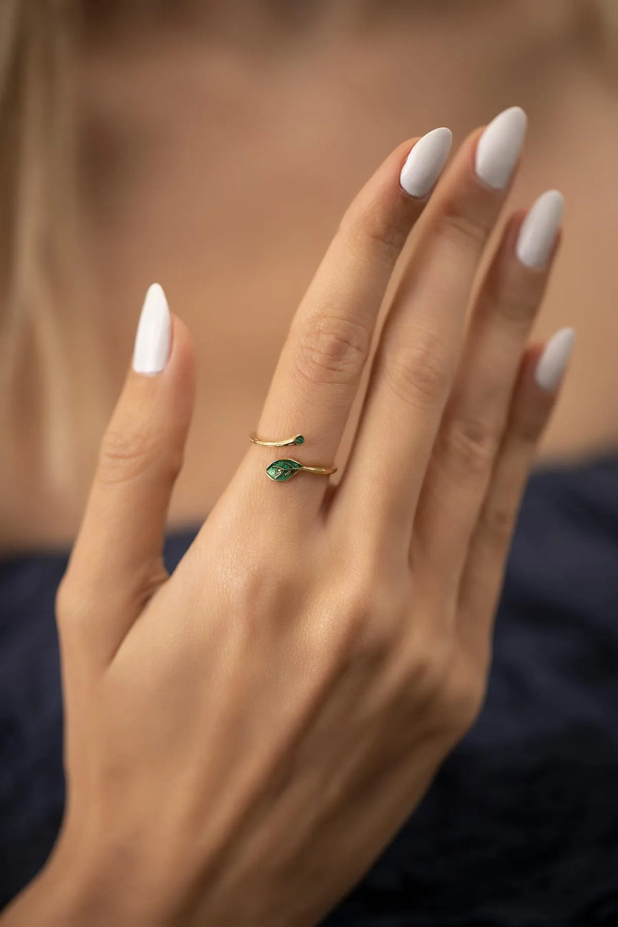 Leaf Model Emerald Stone Gold Plated Silver Italian Ring