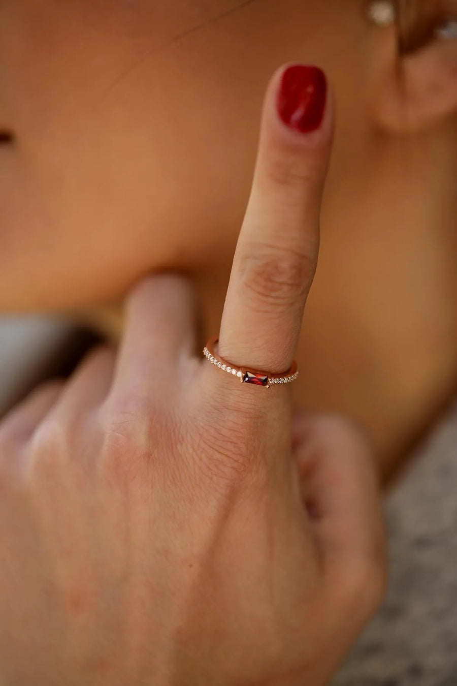 Silver Minimal Ring with Rose Plated Ruby Stone